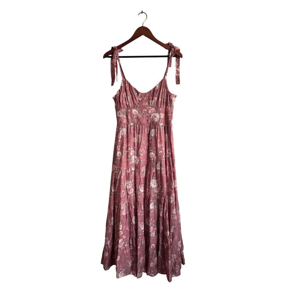 Trixxi Womens Pink Floral Tiered‎ Midi Dress Tie Strap Smocked Back L
